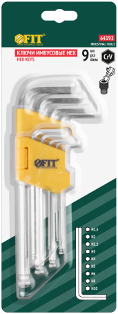 Ключи шестигранные, CrV сталь, 9 шт., 1,5-10 мм, с шаровым наконечником, длинные, в пластиковом держателе