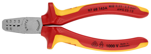VDE press pliers for crimping contact sleeves, number of sockets: 4, 0.25 - 2.5 mm2 (AWG 23 - 13), L-145 mm, 2-k handles,