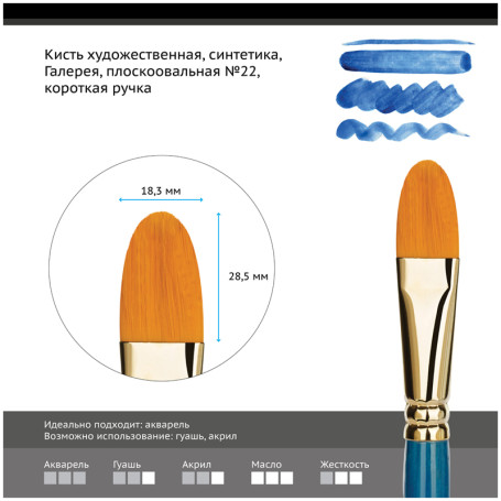 Кисть художественная синтетика Гамма "Галерея", плоскоовальная №22, короткая ручка