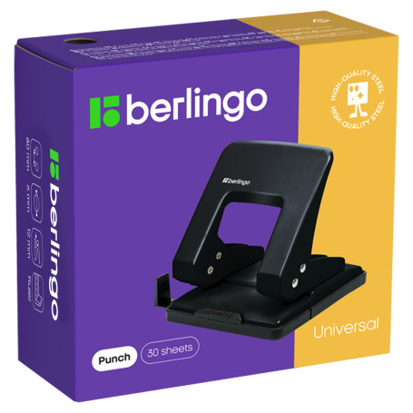 Berlingo "Universal" hole punch 30 l., metal, black, with ruler