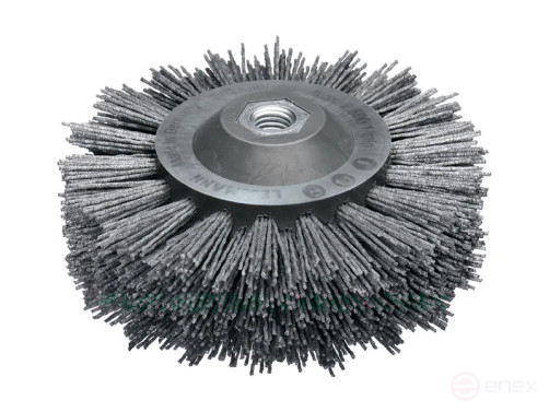 Cylindrical corrugated brush, grey plastic case PP, D140 mm, 18*7 rows, latuned corrugated wire STM 0.30 mm, height 30 mm, fit M14, maximum number of revolutions 2500, body dimensions 80*58 mm