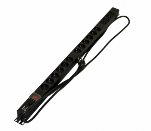 SHE-12SH-4IEC-SF-2.5EU Socket block, vertical, 12 Schuko sockets, 4 IEC320 C13 sockets, off with backlight, overvoltage protection, 2.5m (3x1.5mm2) power cable with Schuko plug 16A, 250V, 950x44.4x44.4mm (LxWxH), housing steel, black