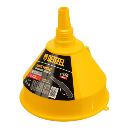 160 mm plastic funnel with metal sieve, non-spillage and flexible Denzel tip