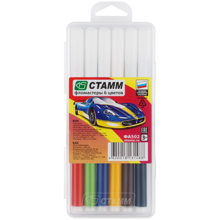 Markers STAMM "Cars", 06cv., washable, plastic. pencil case, European suspension