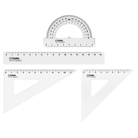 Drawing stamp set, size S (ruler 16cm, 2 triangles, protractor), transparent, colorless, European weight