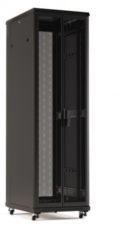 TTR-2266-DD-RAL9005 Floor cabinet 19-inch, 22U, 1166x600x600mm (HxWxD), front and rear hinged perforated doors (75%), handle with lock, color black (RAL 9005) (disassembled)