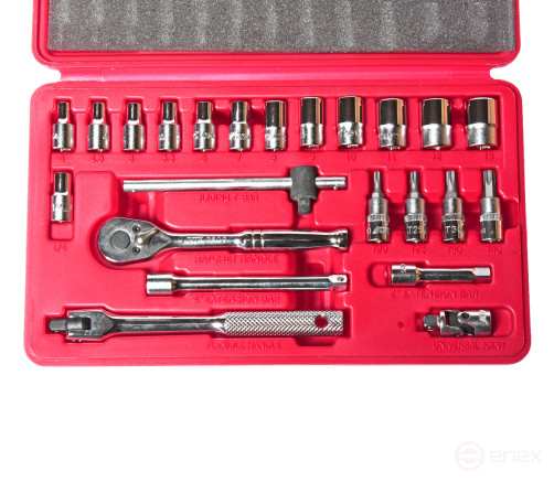 Set of end heads and nozzles 1/4" 6-sided 4-13mm,T20-T40 23 pieces in a JTC case