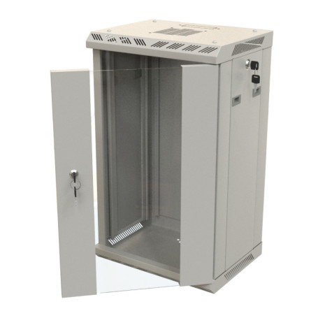 TDB-12U-GP-RAL7035 Wall cabinet 10", 12U, 649,5x390x300, set size 254 mm, with glass door, opening walls, possibility of installing a fan, color gray (RAL 7035) (assembled)