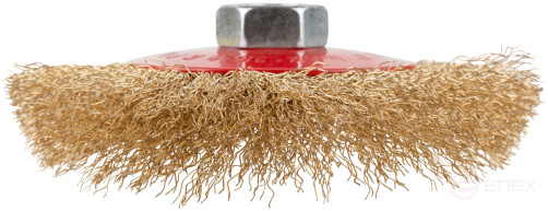 Корщетка-колесо с наклоном, гайка М14, стальная латунированная волнистая проволока 115 мм, блистер