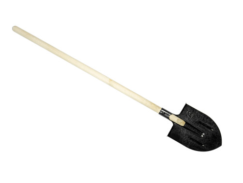 Bayonet shovel with stiffening ribs on a wooden handle