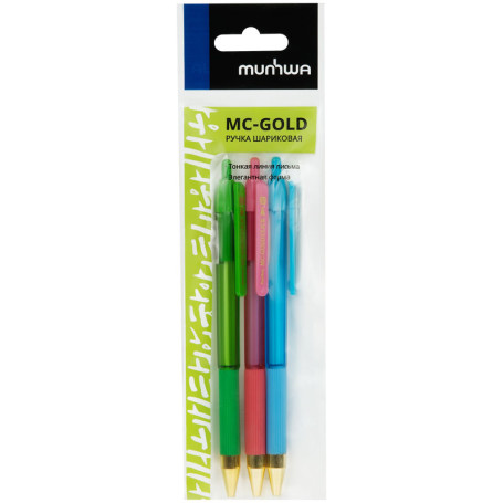 Pen set MunHwa ball "MC Gold Click" 3 pcs., blue, 0.7mm, grip, barcode, assorted case