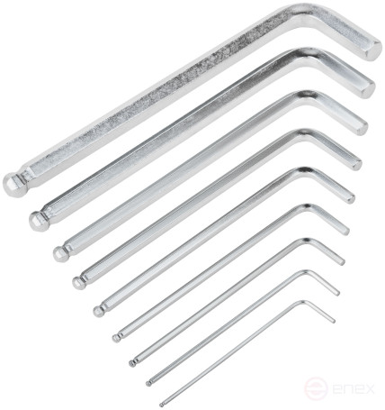 Ключи шестигранные, CrV сталь, 9 шт., 1,5-10 мм, с шаровым наконечником, длинные, в пластиковом держателе