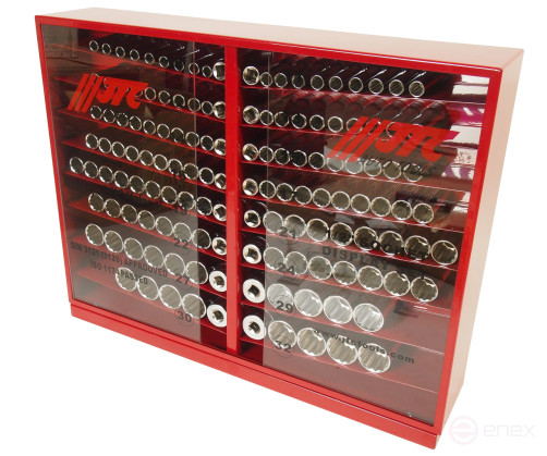 A set of 1/2" 12-sided 10-32mm deep 137 end heads in a JTC metal cabinet