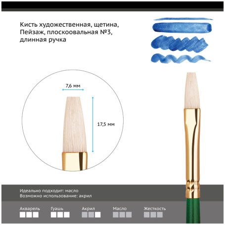 Brush artistic bristles Gamma "Landscape", flat-oval No. 3, long handle