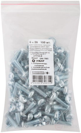 A semi-cylindrical screw. a head with a full thread of pins. DIN 7985 6x20 (packing 100 pcs)