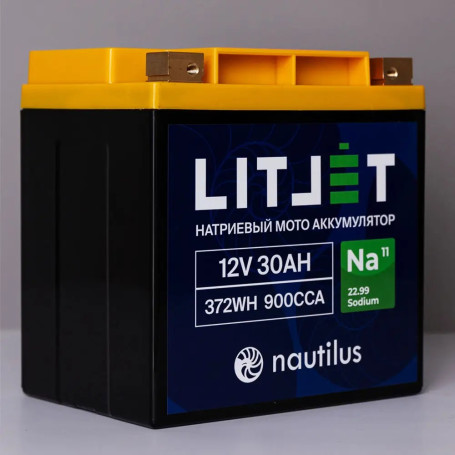 Натриевый стартовый мото аккумулятор LITJET 12V 30Ah 372Wh 900CCA YT24