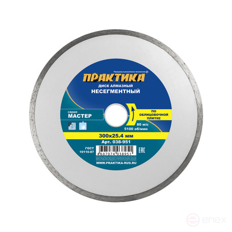 Диск алмазный несегментный ПРАКТИКА "Мастер" 300 х 25,4 мм (038-951)
