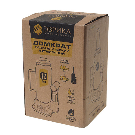 Домкрат гидравлический ER-80121 бутылочный с клапаном 12т, ремкомплект (выс. подъема 235-445мм) ЭВРИКА /1/2