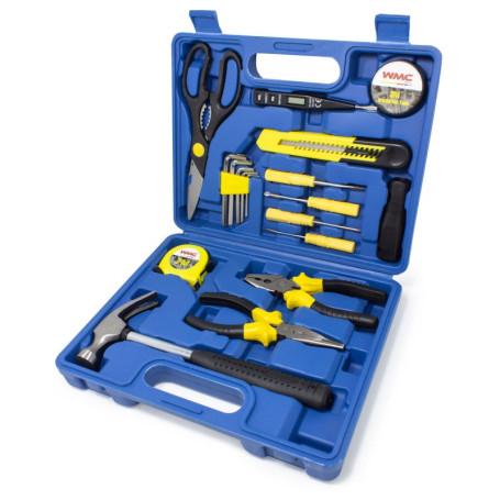 A set of 18 tools (pliers,platypuses,knife,tape measure,screwdrivers,hexagons,hammer,scissors,duct tape)