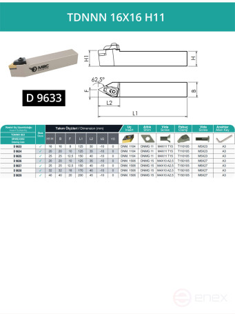 TDNNN 16X16 H11 neutral turning tool 16x16 mm / plate 11 mm, DNMG 1104**