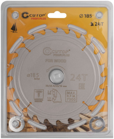 Диск пильный по дереву с тефлоновым покрытием 24Т, CUTOP Profi plus, 185 х 1,3/2,0 х 30/25,4/20/16 мм