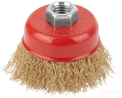 Корщетка чашечная, гайка М14, стальная латунированная волнистая проволока 65 мм