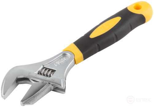 Adjustable key "Techno" CrV, narrow + adjustable jaws, scale, enlarged.gripper, rubberized.handle 200mm (40mm)