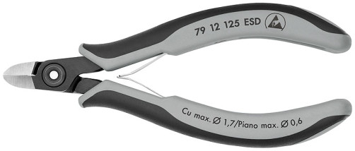 Precision side cutters. ESD, round head, very small chamfer,cut: dip. soft. Ø 0.2 - 1.7 mm,cf. Ø 1.2 mm,TV. Ø 0.7 mm,royal. string Ø 0.6 mm,L-125 mm,black