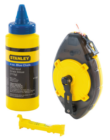 A set of a marking PowerWinder cord in a 30 m plastic case, a 115 g bottle of chalk powder and a STANLEY 0-47-465 suspension level