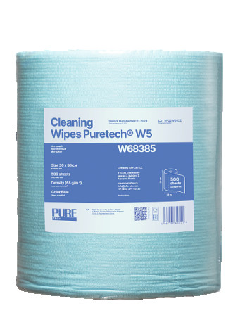 Puretech® W68 Non-woven cleaning material, 68 g/m2, 1 layer, blue, 38x30cm, 500 l/roll W68385