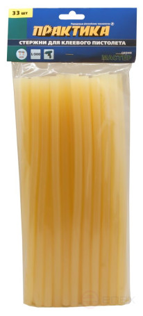 Клей для клеевого пистолета ПРАКТИКА жёлтый, прозрачный, 11 х 300 мм, 33 шт / пакет с подвесом (641-664)