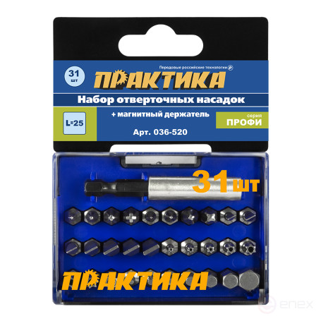 Набор бит ПРАКТИКА "Профи" 31шт PH 4шт PZ 4шт Torx 8шт SL 7шт HEX 7шт x 25мм магнитный держатель, кассета (036-520)