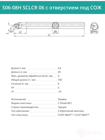 S06-08H SCLCR 06 with COOLANT hole internal rotary boring cutter right, 8 mm / plate CCMT 0602**