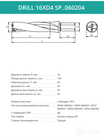 DRILL 16XD4 SP..060204 сверло корпусное - 16 мм / пластина SPMX 060204; SPMT 060204