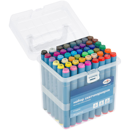 A set of double-sided markers for sketching Gamma "Studio" 48 colors, basic colors, triangular body, bullet-shaped/wedge-shaped. tips, plastic case