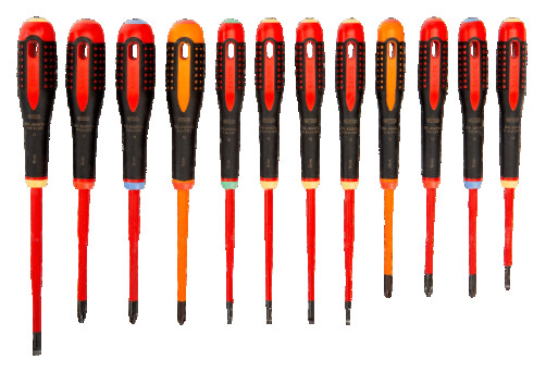 Set of insulated ERGO slotted screwdrivers /Phillips/Pozidriv/TORX with a thin rod, 12 pcs