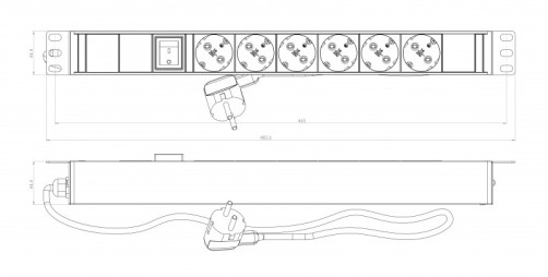 SHE19-6SH-S-2.5EU Блок розеток для 19" шкафов, горизонтальный, 6 розеток Schuko, выключатель с подсветкой, кабель питания 2.5м (3х1.5мм2) с вилкой Schuko 16A, 250В, 482.6x44.4x44.4мм (ДхШхВ), корпус сталь, черный