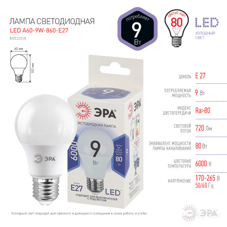 LED lamp ERA STD LED A60-9W-860-E27 9W bulb Cold Daylight E27