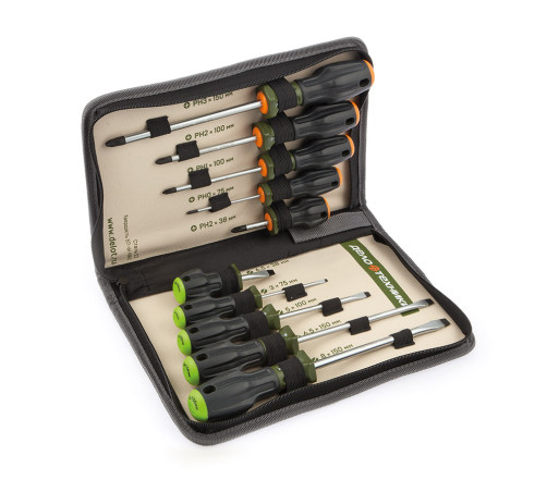 728100 Screwdriver set with three-component handles (3.0×75 mm; 5.0×100 mm; 6.5×38 mm; 6.5×150 mm; 8×150 mm; PH0×75 mm; PH1×100 mm; PH2×38 mm; PH2×100 mm; PH3×150 mm), 10 pieces
