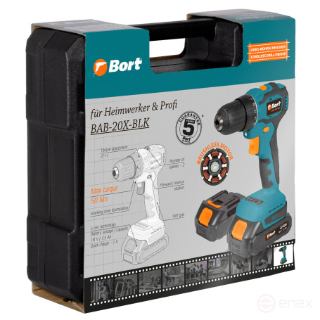Дрель-шуруповерт аккумуляторная BORT BAB-20X-BLK (2x1,5Ah)