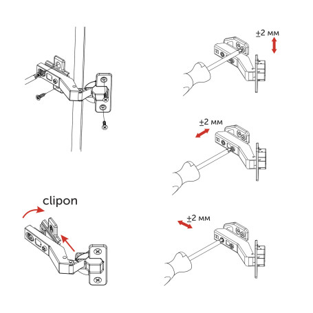 45° angle hinge with door closer 45mm h0 clip-on AKS PLUS 3D (self-tapping screws, plugs)