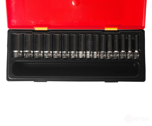 A set of 3/8" 6-sided 6-22mm deep 16-piece end heads in a JTC case