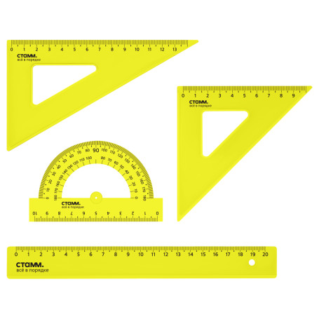 Drawing stamp set, size M (ruler 20cm, 2 triangles, protractor), transparent, neon colors, assorted, European weight