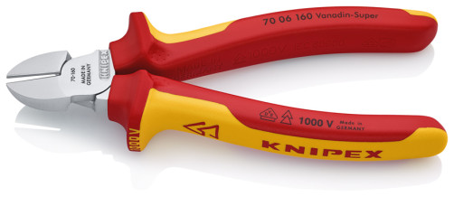 VDE side cutters, cut: failure. soft. Ø 4 mm, average. Ø 3 mm, solid. Ø 2 mm, L-160 mm,, 62 HRC, chrome, 2-K handles