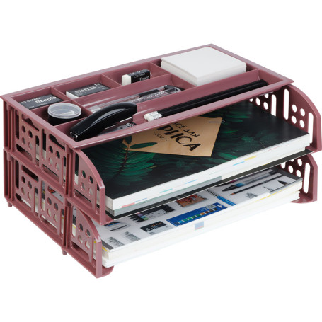 Лоток для бумаг горизонтальный СТАММ "Field", набор 2шт. + органайзер, бордовый Agra