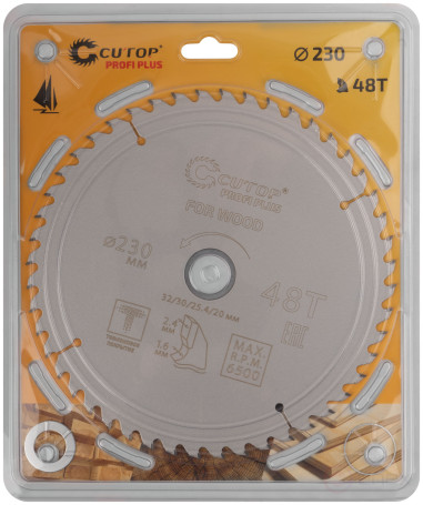 Диск пильный по дереву с тефлоновым покрытием 48Т, CUTOP Profi plus, 230 х 1,6/2,4 х 32/30/25,4/20 мм