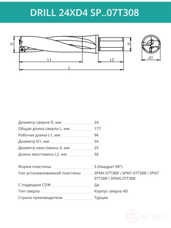 DRILL 24XD4 SP..07T308 сверло корпусное - 24 мм / пластина SPMX 07T308; SPMT 07T308