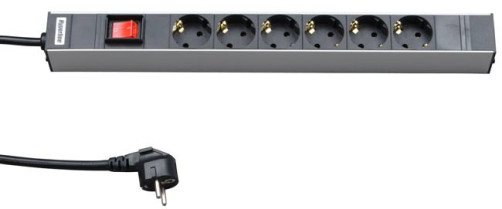 SHT19-6SH-S-2.5EU Блок розеток для 19" шкафов, горизонтальный, 6 розеток Schuko, выключатель с подсветкой, кабель питания 2.5м (3х1.5мм2) с вилкой Schuko 16A, 250В, 482.6x44.4x44.4мм (ДхШхВ), корпус алюминий