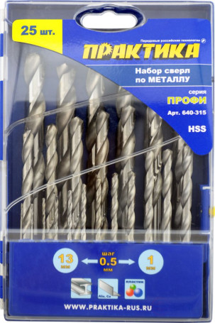 Набор сверл по металлу ПРАКТИКА "Профи" 25 шт. 1-13 мм, шаг 0,5 мм, ПРО кассета (640-315)