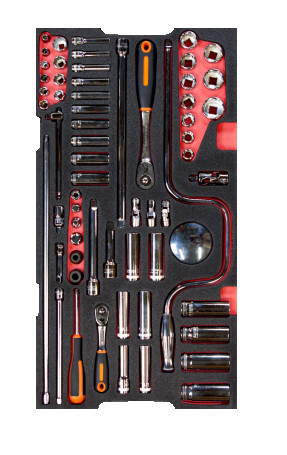 Fit&Go Set of 1/4" + 3/8" socket heads in a bed, 62 items